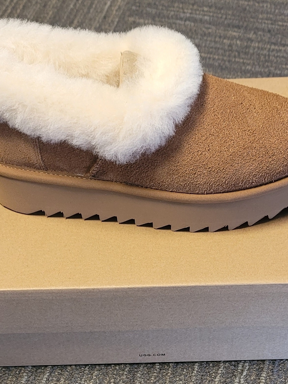 UGG Nita Platform Women's Chestnut Suede Slip-On with Cream Shearling
